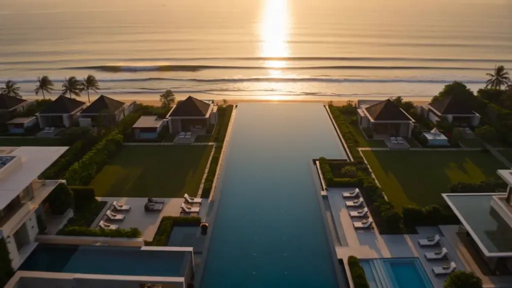 The Founders of Tomorrow — a Fine Acers resort at golden hour (film poster)