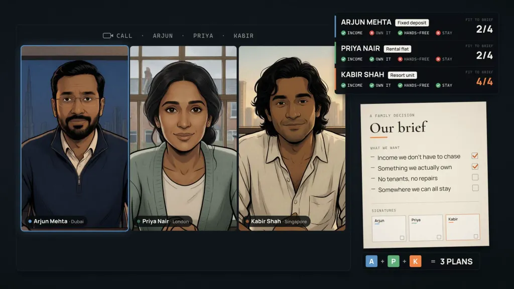 The Family Call: Arjun, Priya and Kabir on a video call beside their family brief (film poster)