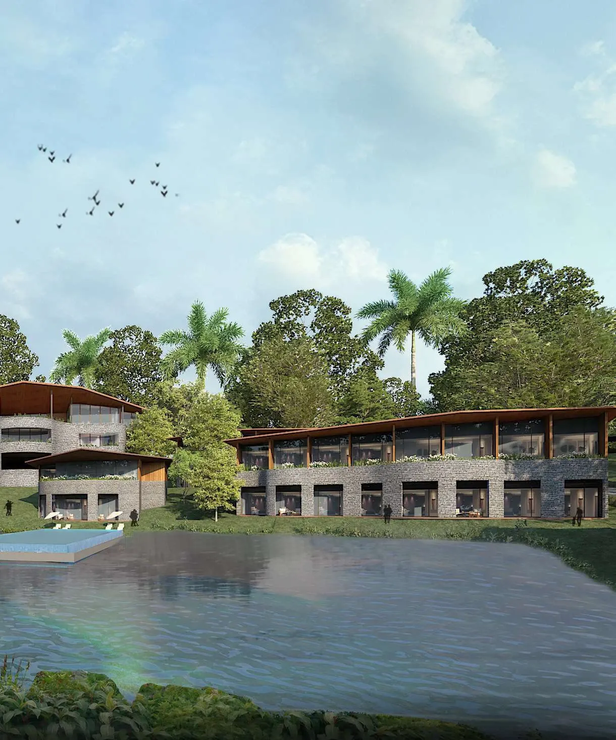 KAMAH Coorg — stone-and-timber resort pavilions above a forest lake (concept visual)